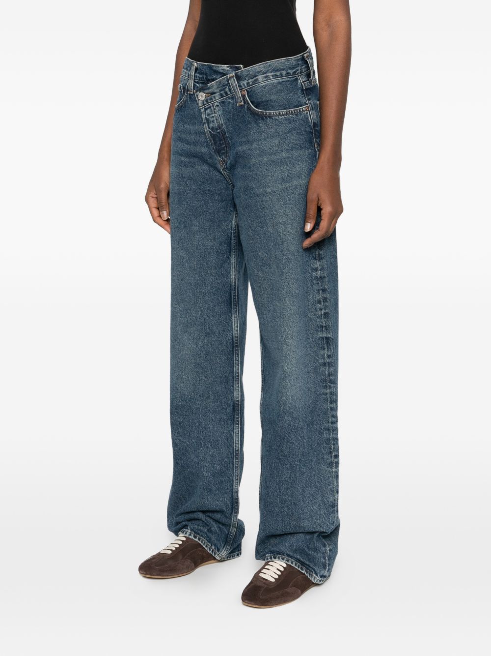 AGOLDE Jeans blu barrel con chiusura asimmetrica ed effetto wash