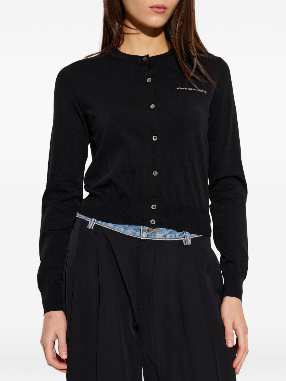 ALEXANDER WANG Cardigan nero slim con dettaglio strass sul logo