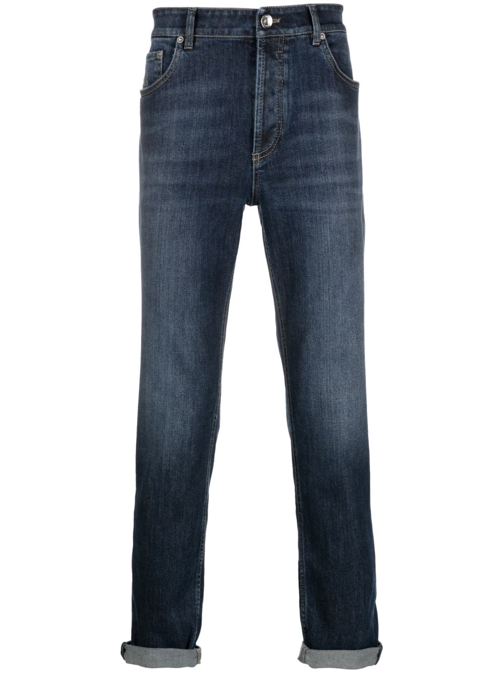 BRUNELLO CUCINELLI Jeans blu con risvolti alla caviglia ed effetto wash