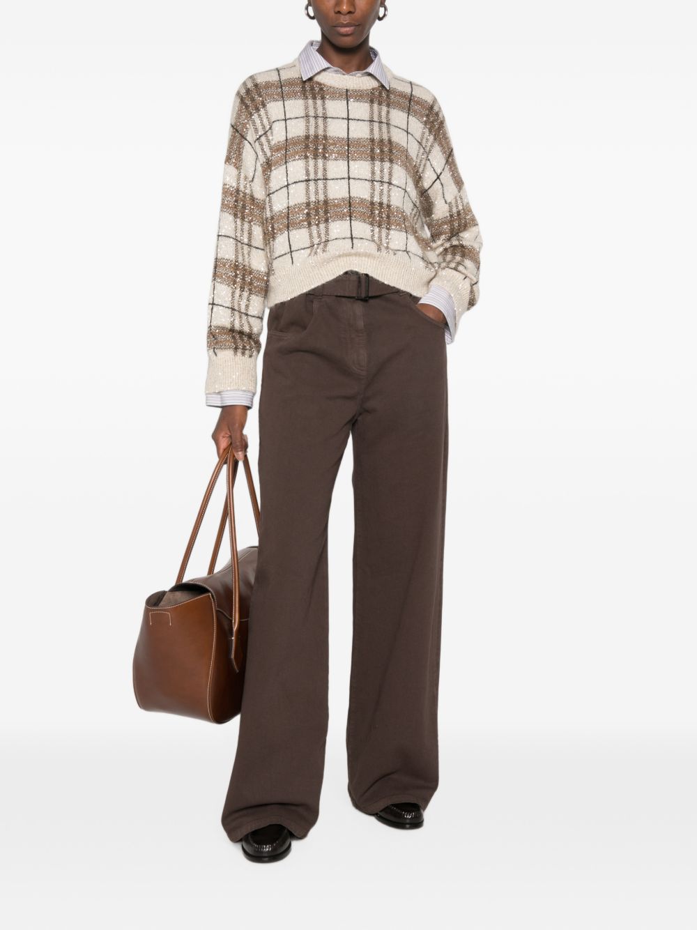 BRUNELLO CUCINELLI Maglia con strass bianca e marrone