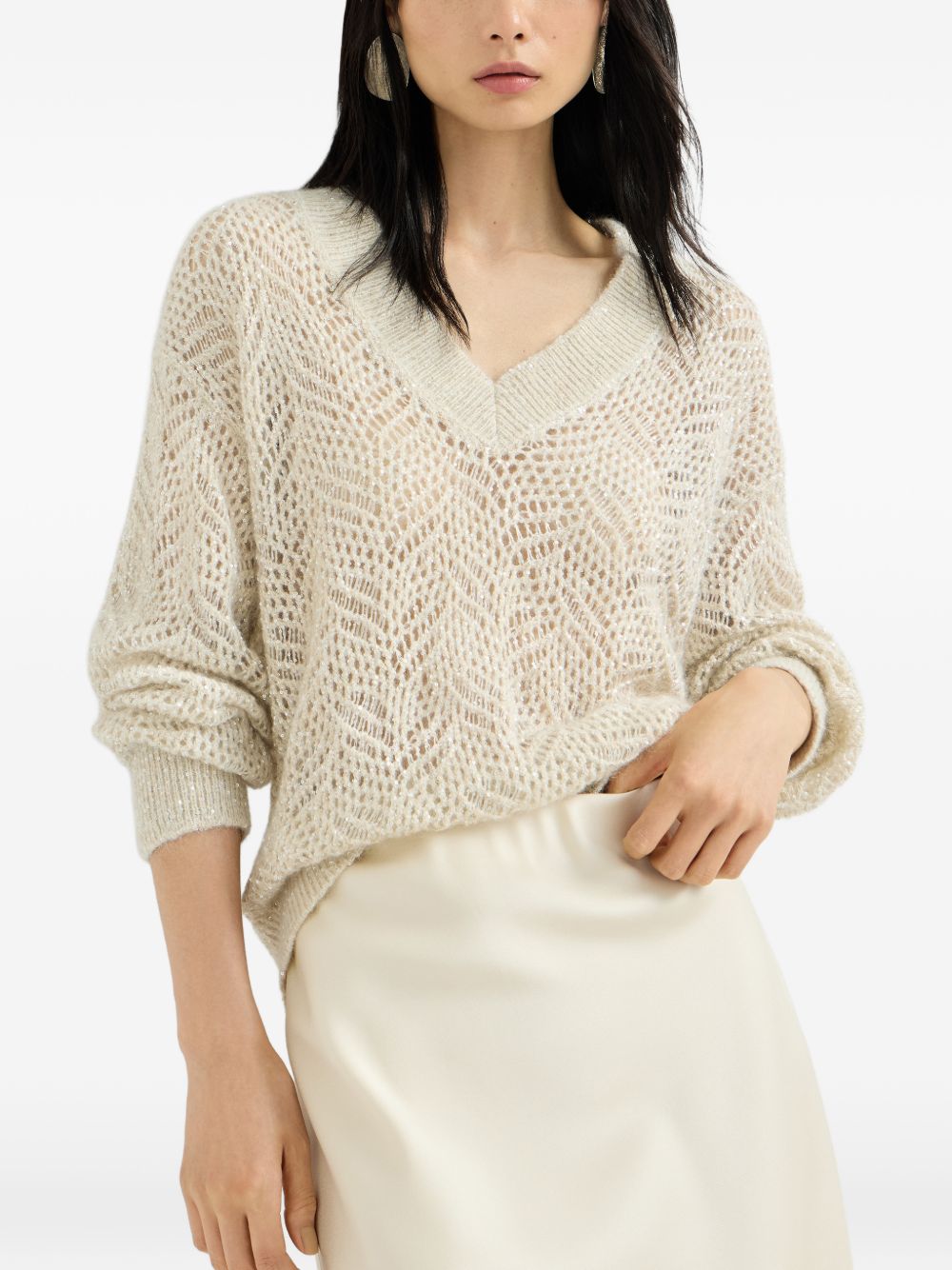 BRUNELLO CUCINELLI Maglia con scollo a V e strass panna