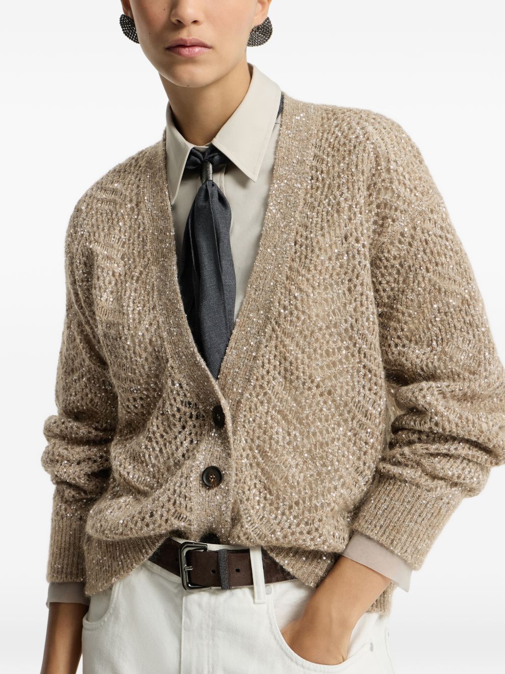 BRUNELLO CUCINELLI Cardigan a maglia larga con strass marrone