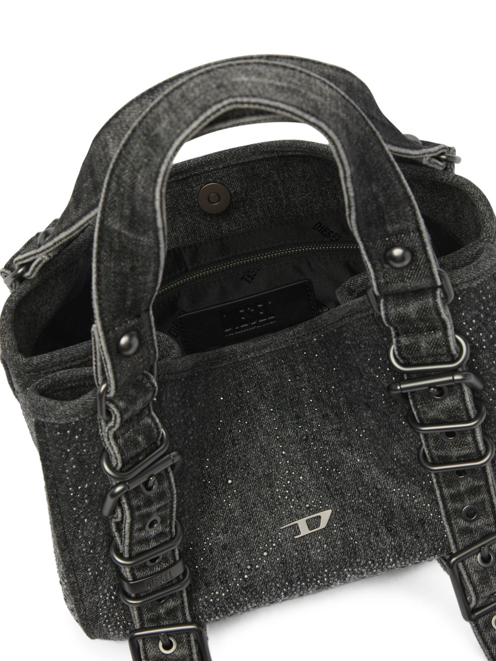 DIESEL Borsa grigia in denim con strass e fibbie