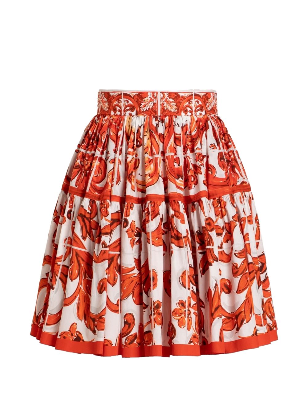 DOLCE e GABBANA Gonna in popeline bianca con stampa Maiolica arancione