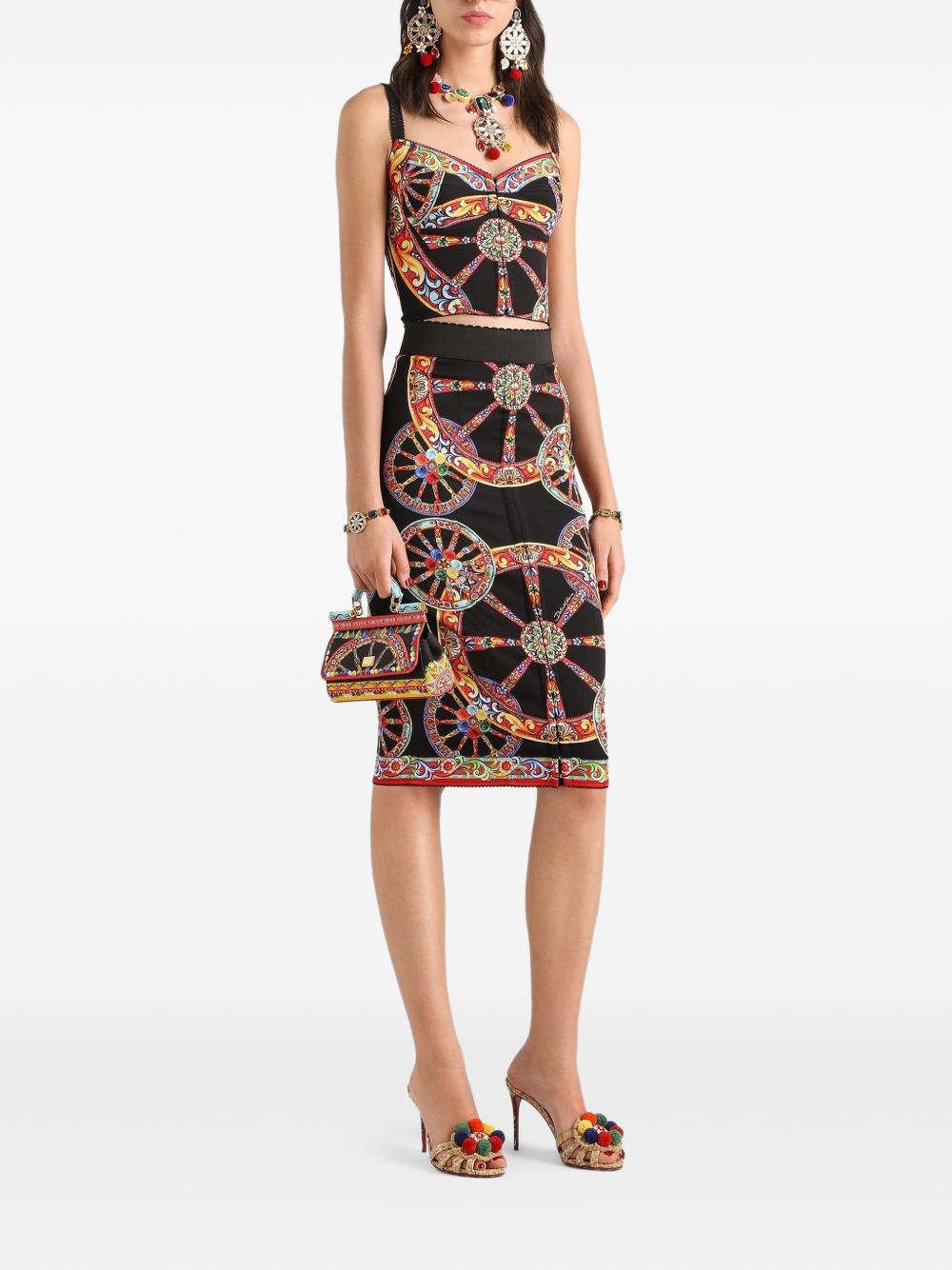 DOLCE e GABBANA Gonna lunga in charmeuse con stampa Carretto multicolor
