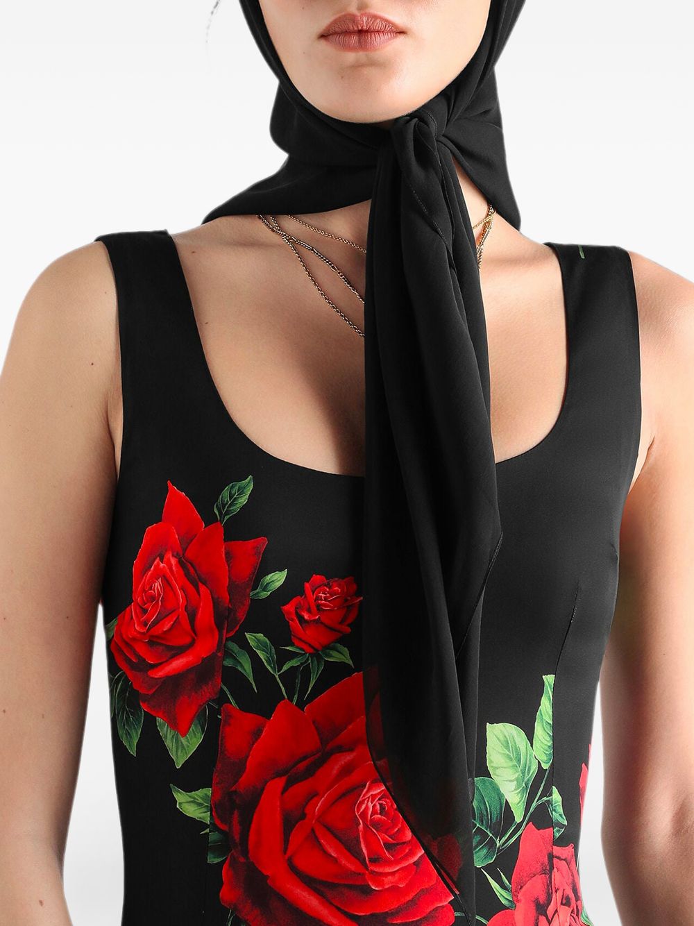 DOLCE e GABBANA Abito midi in seta nera con stampa floreale