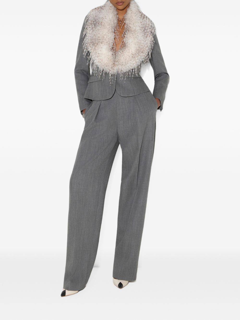 ELISABETTA FRANCHI Blazer grigio chiaro in lana con collo in ecopelliccia