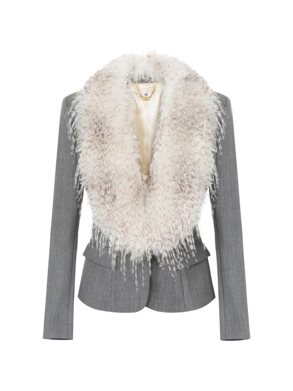 ELISABETTA FRANCHI Blazer grigio chiaro in lana con collo in ecopelliccia