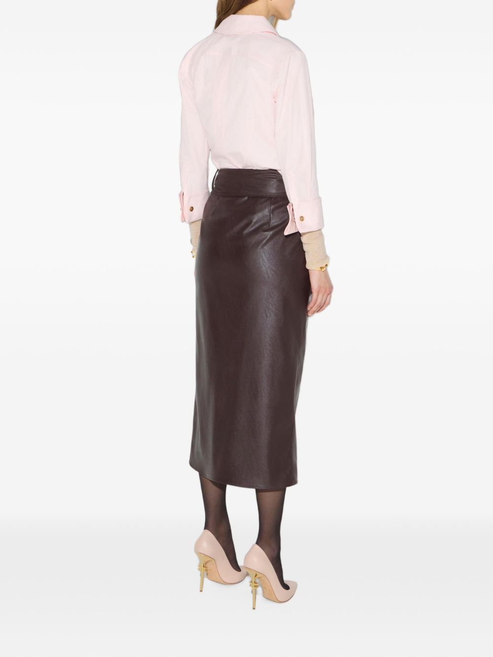 ELISABETTA FRANCHI Gonna midi marrone in ecopelle con nodo in vita