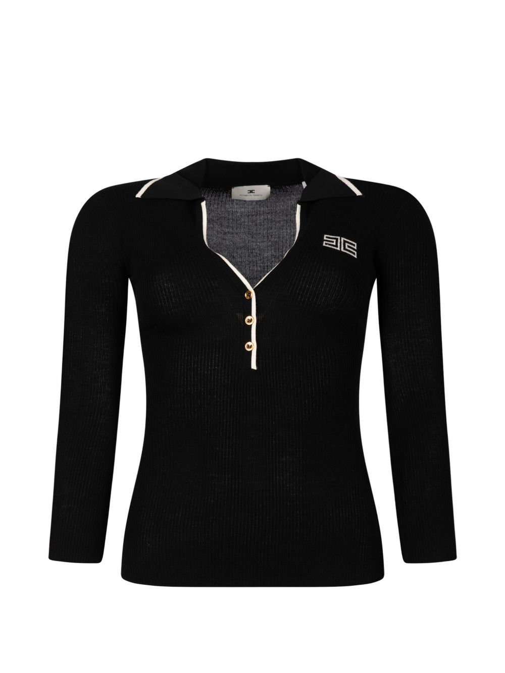 ELISABETTA FRANCHI Maglia polo con scollo a v e maniche 3/4 con rifiniture bianche