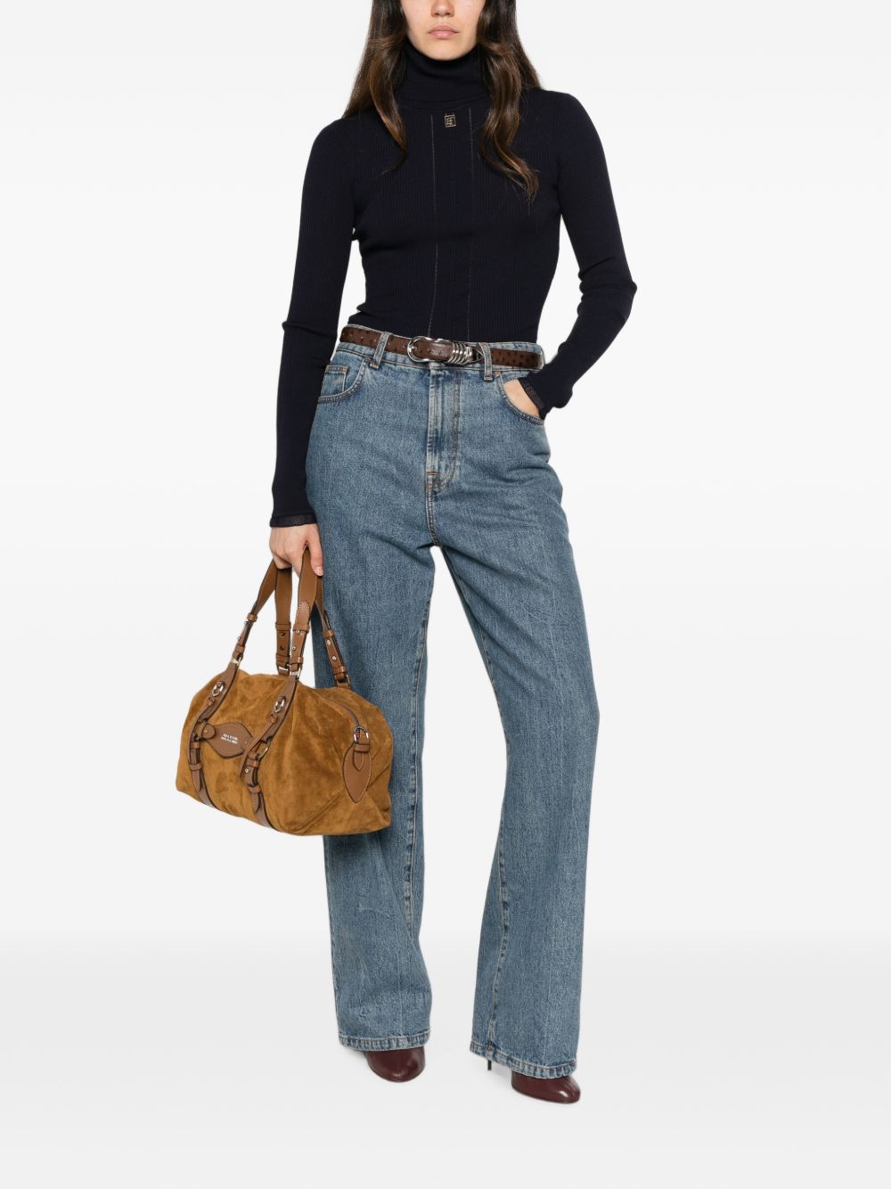 ELISABETTA FRANCHI Maglia blu a collo alto trama leggera