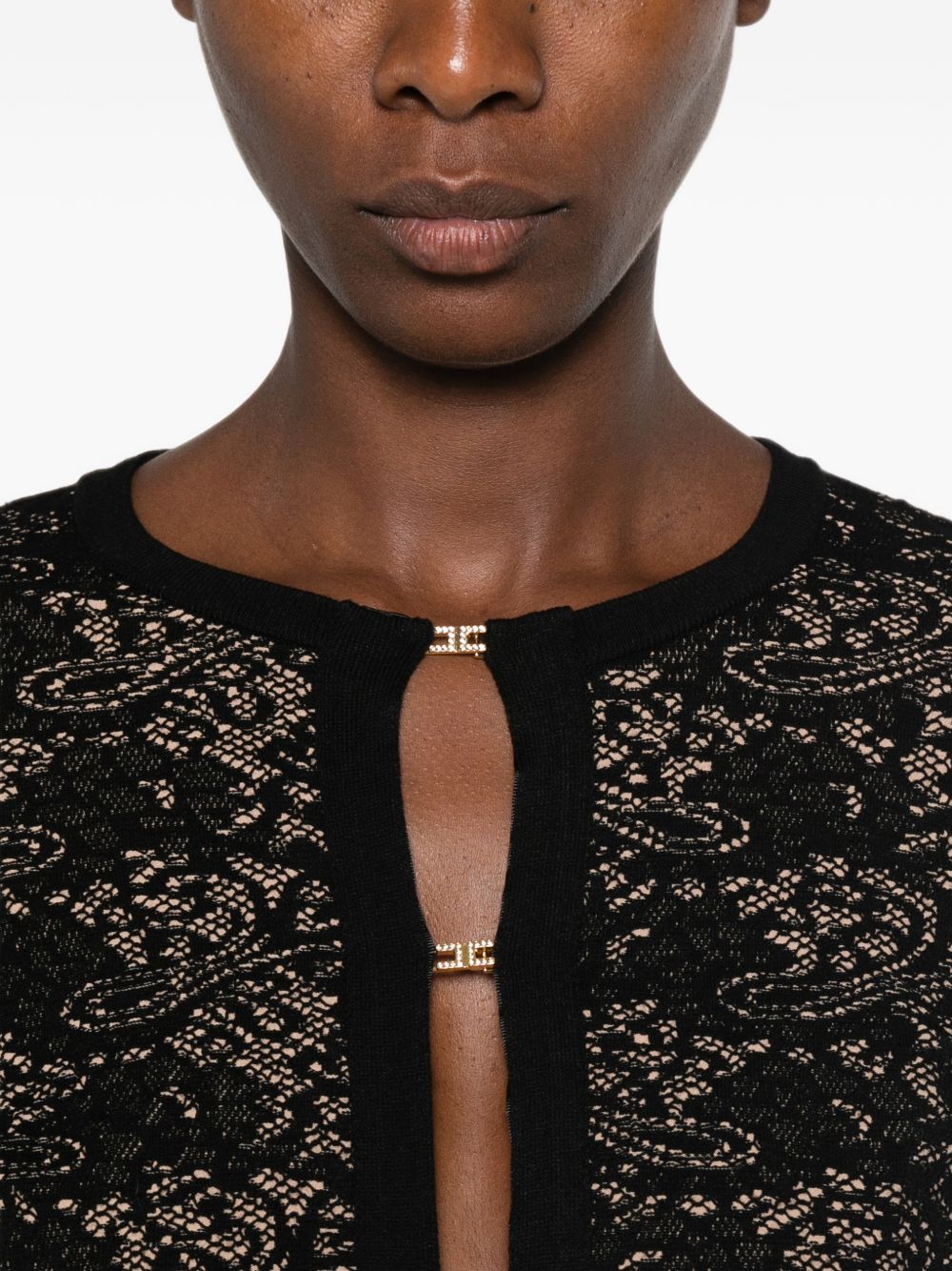 ELISABETTA FRANCHI Cardigan nero con motivo floreale e dettagli dorati