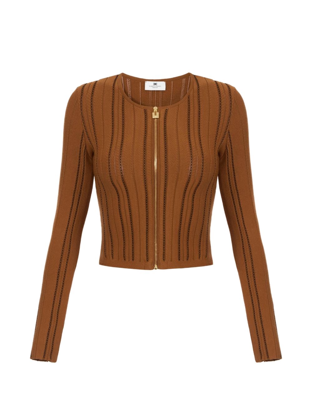 ELISABETTA FRANCHI Cardigan girocollo color tabacco con zip dorata