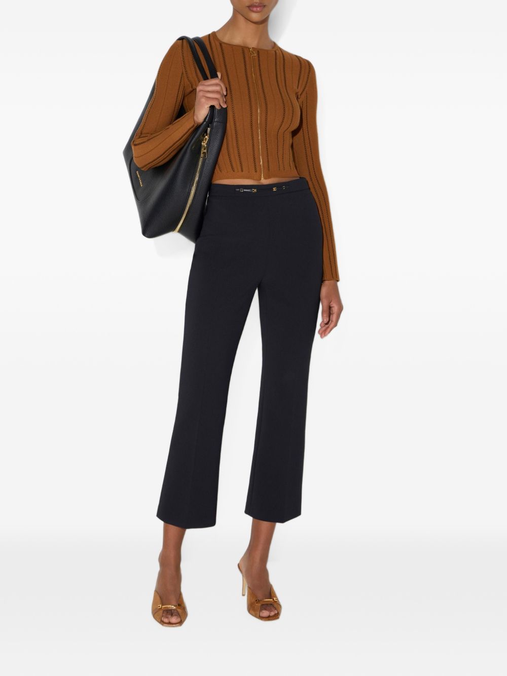 ELISABETTA FRANCHI Cardigan girocollo color tabacco con zip dorata