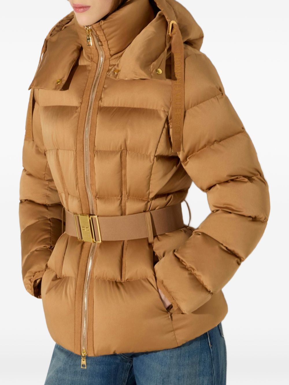 ELISABETTA FRANCHI Piumino marrone caramello slim con cintura in vita