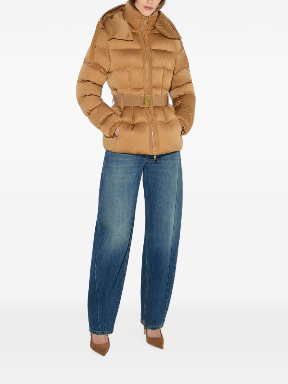 ELISABETTA FRANCHI Piumino marrone caramello slim con cintura in vita