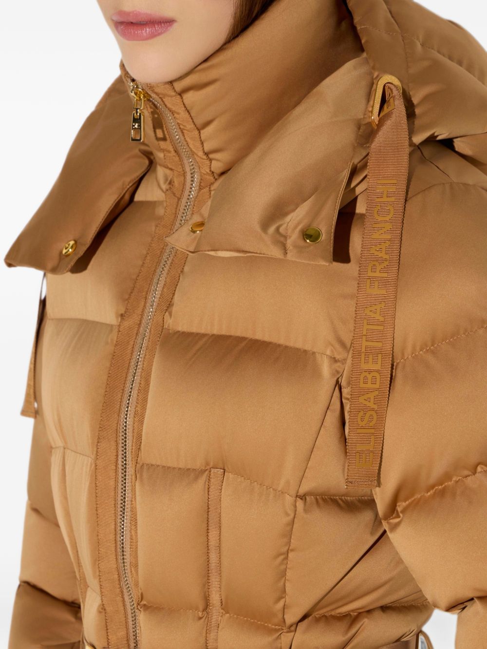 ELISABETTA FRANCHI Piumino marrone caramello slim con cintura in vita