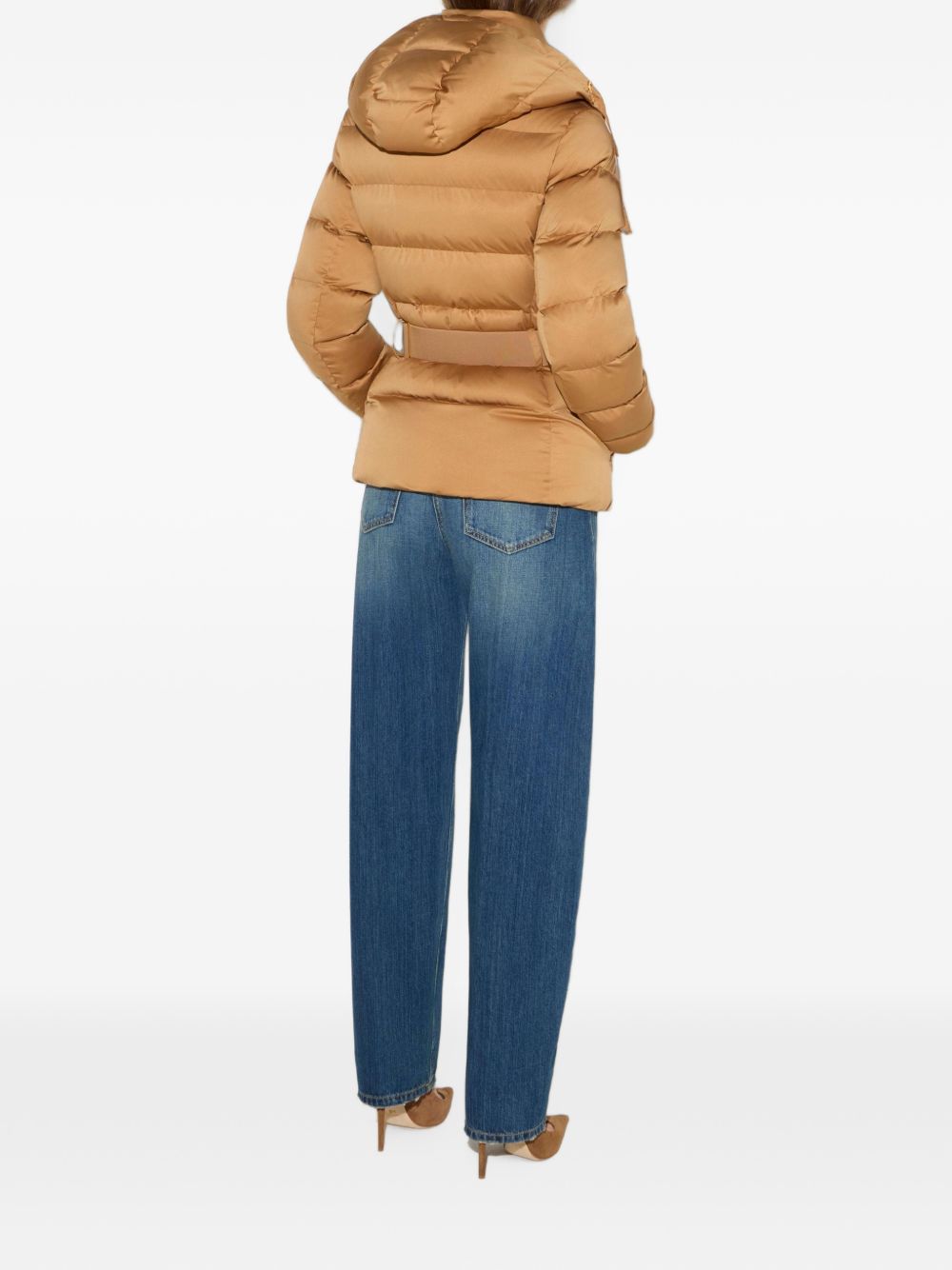 ELISABETTA FRANCHI Piumino marrone caramello slim con cintura in vita