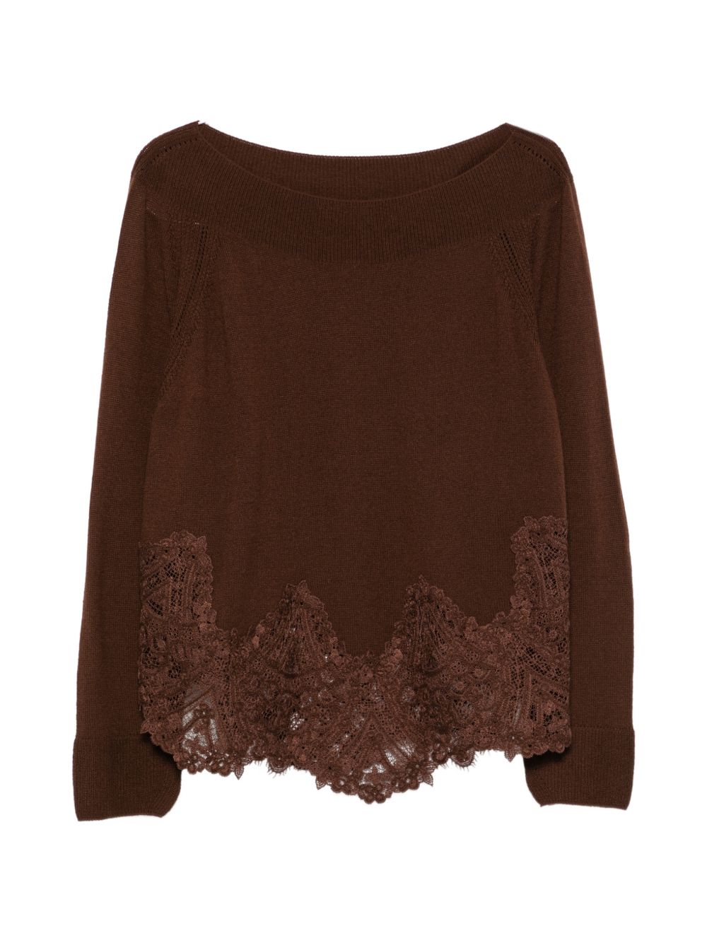 ERMANNO SCERVINO Maglia a maniche lunghe in cashmere marrone con orlo in pizzo