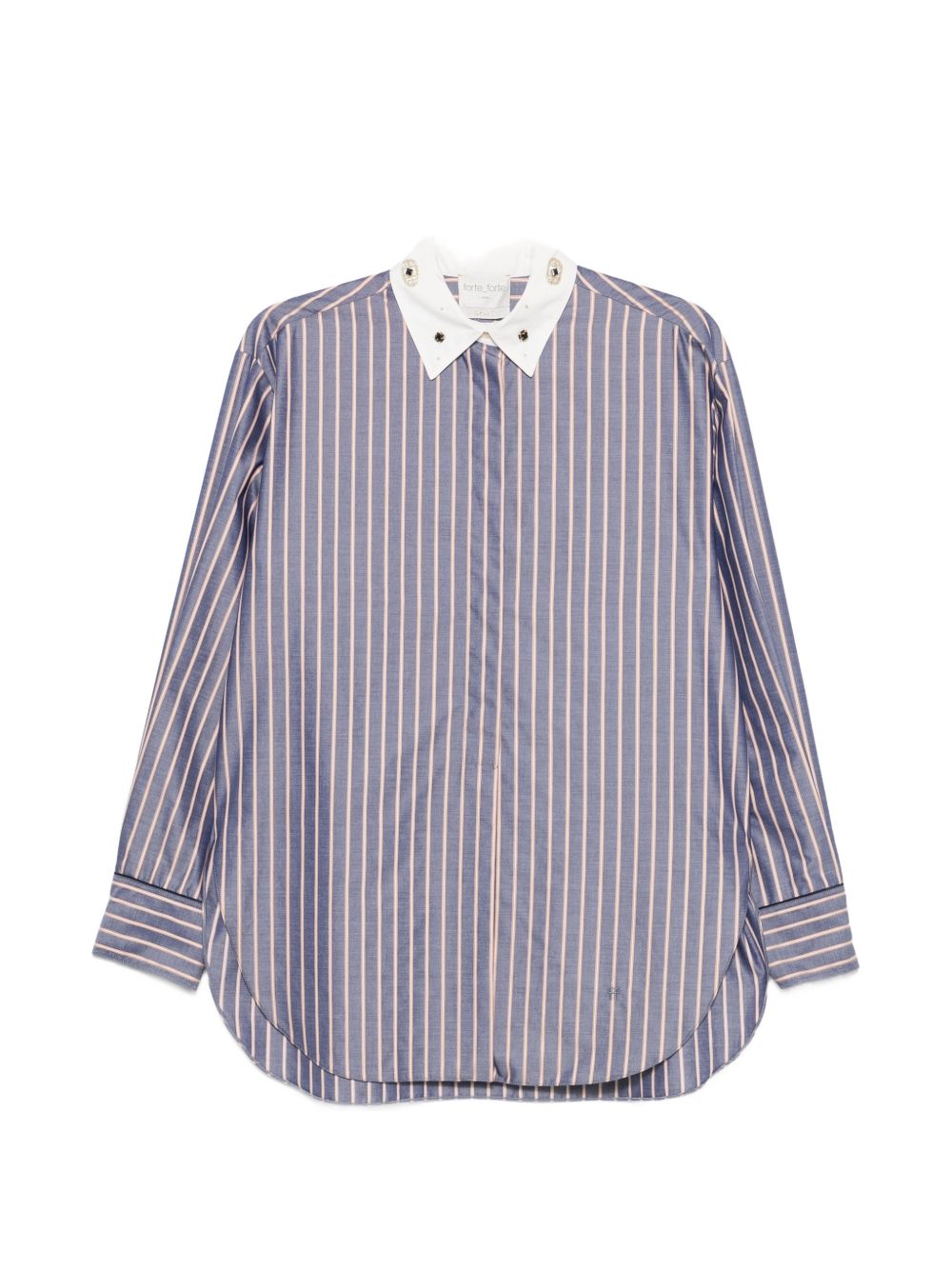 FORTE FORTE Camicia a righe bianche e viola con colletto bianco con strass