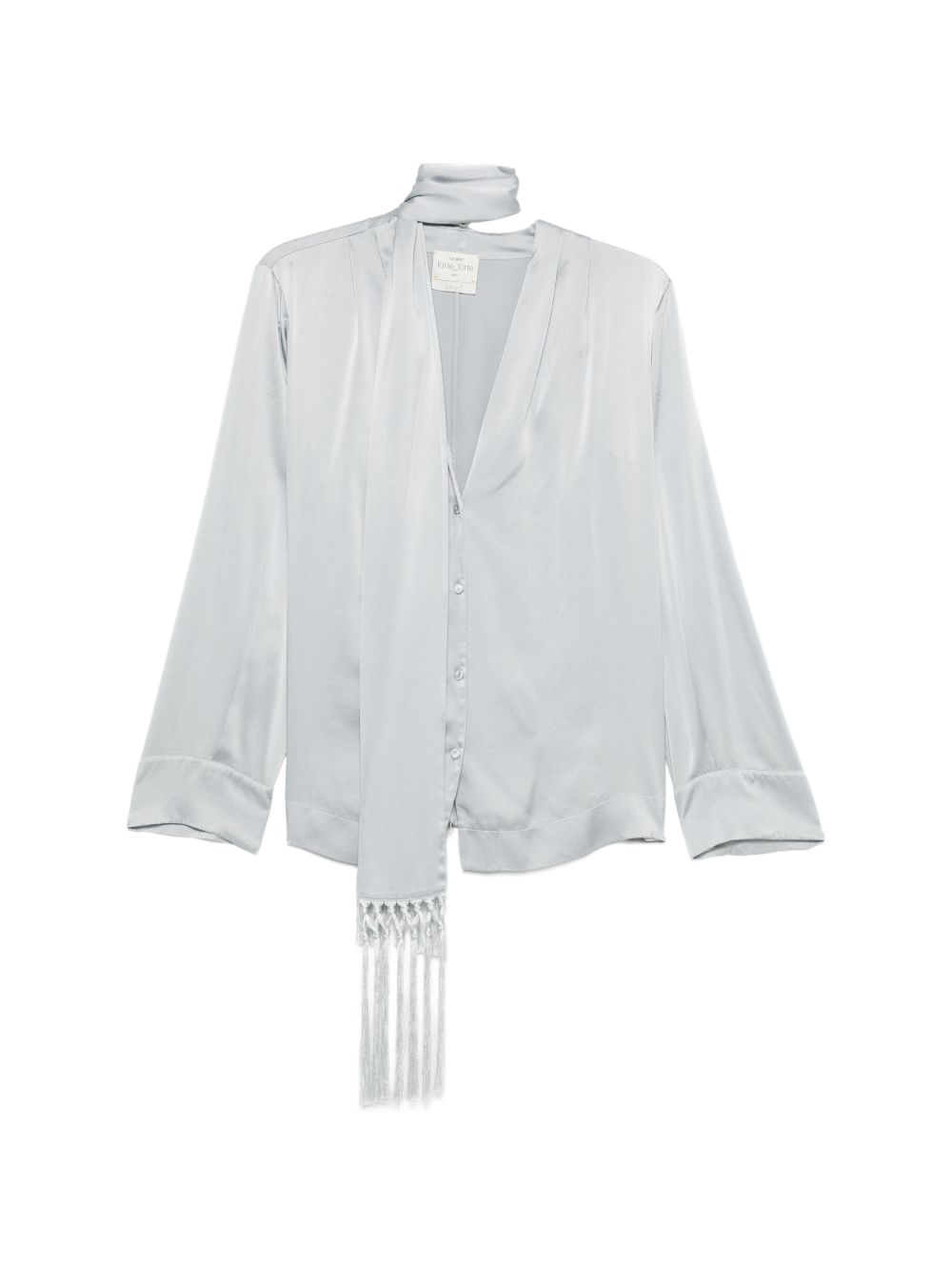 FORTE FORTE Blusa grigio perla in seta con foulard con frange