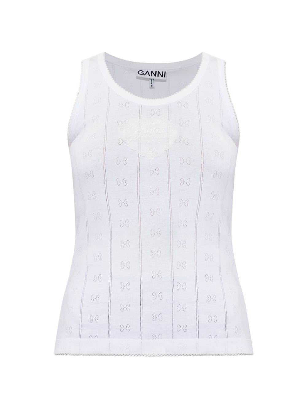 GANNI Top a coste traforate in jersey di cotone bianco
