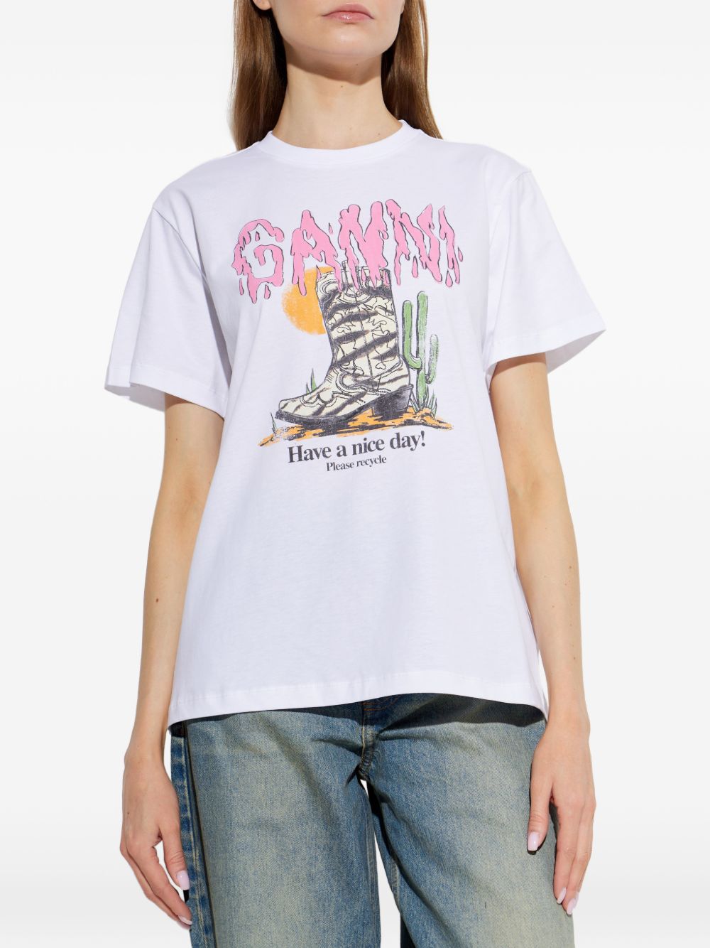 GANNI T-shirt in cotone bianco con stampa grafica
