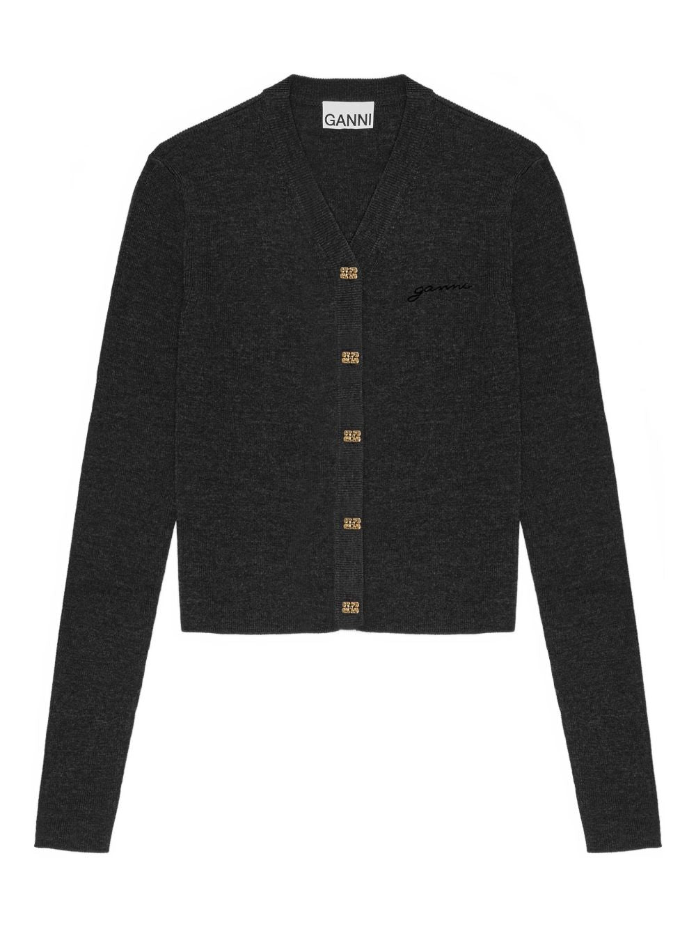 GANNI Cardigan nero antracite in lana merino con scollo a V