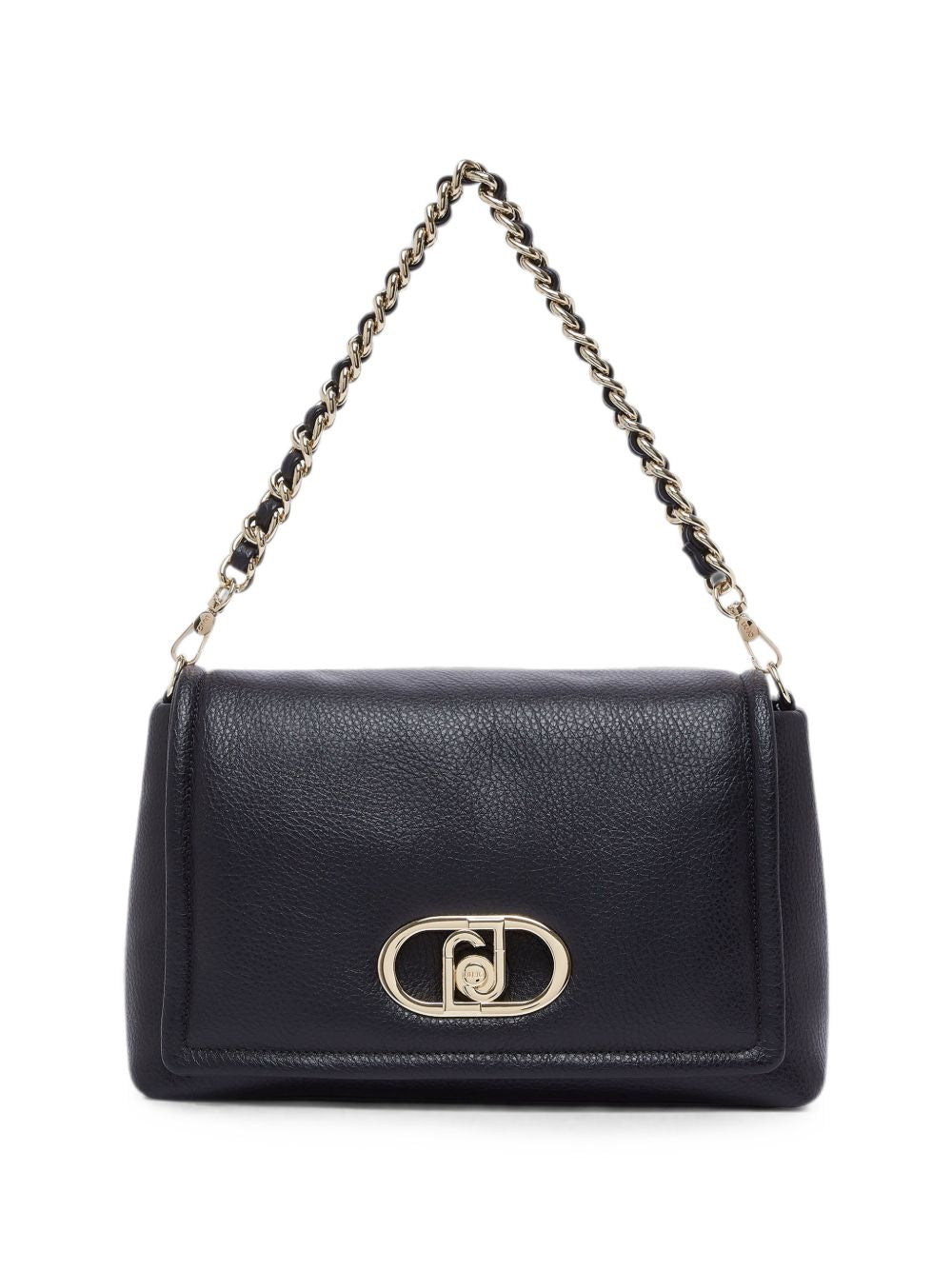 LIUJO Borsa a tracolla in ecopelle nera con placca logo dorata