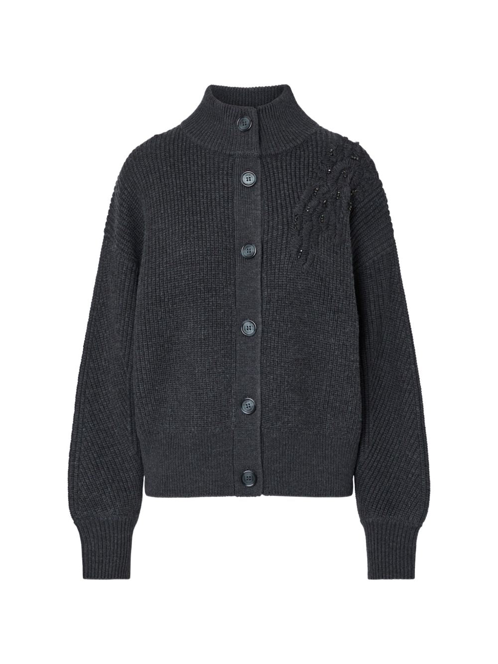 LIUJO Cardigan grigio in lana a collo alto con ricami e strass sulla spalla