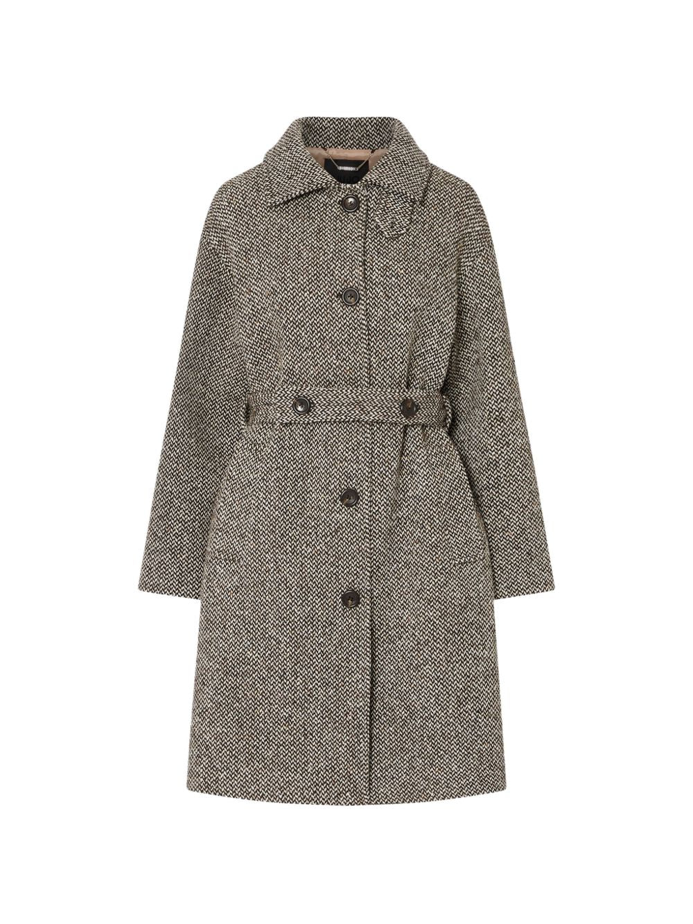 LIUJO Cappotto midi marrone in tessuto spigato con cintura in vita