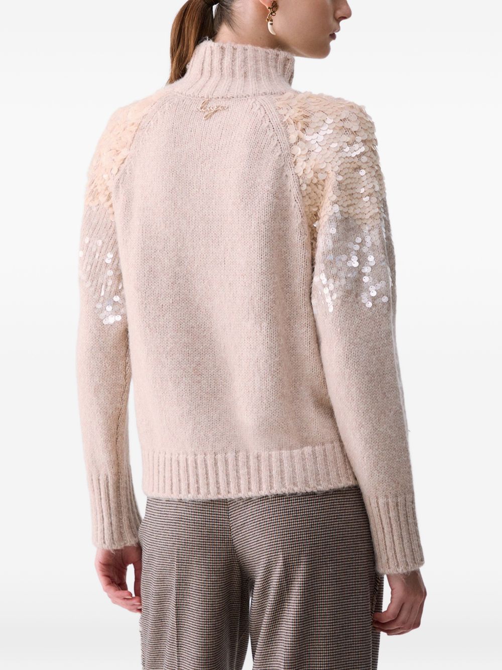 LIUJO Maglia a collo alto in misto lana rosa con strass argentati