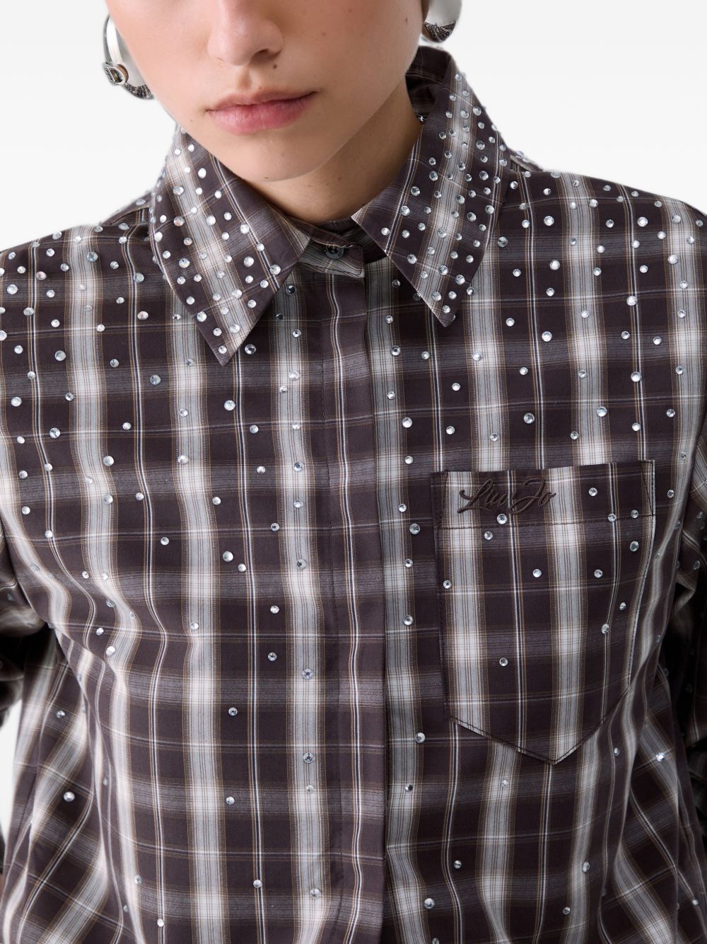 LIUJO Camicia tartan marrone a quadretti con strass