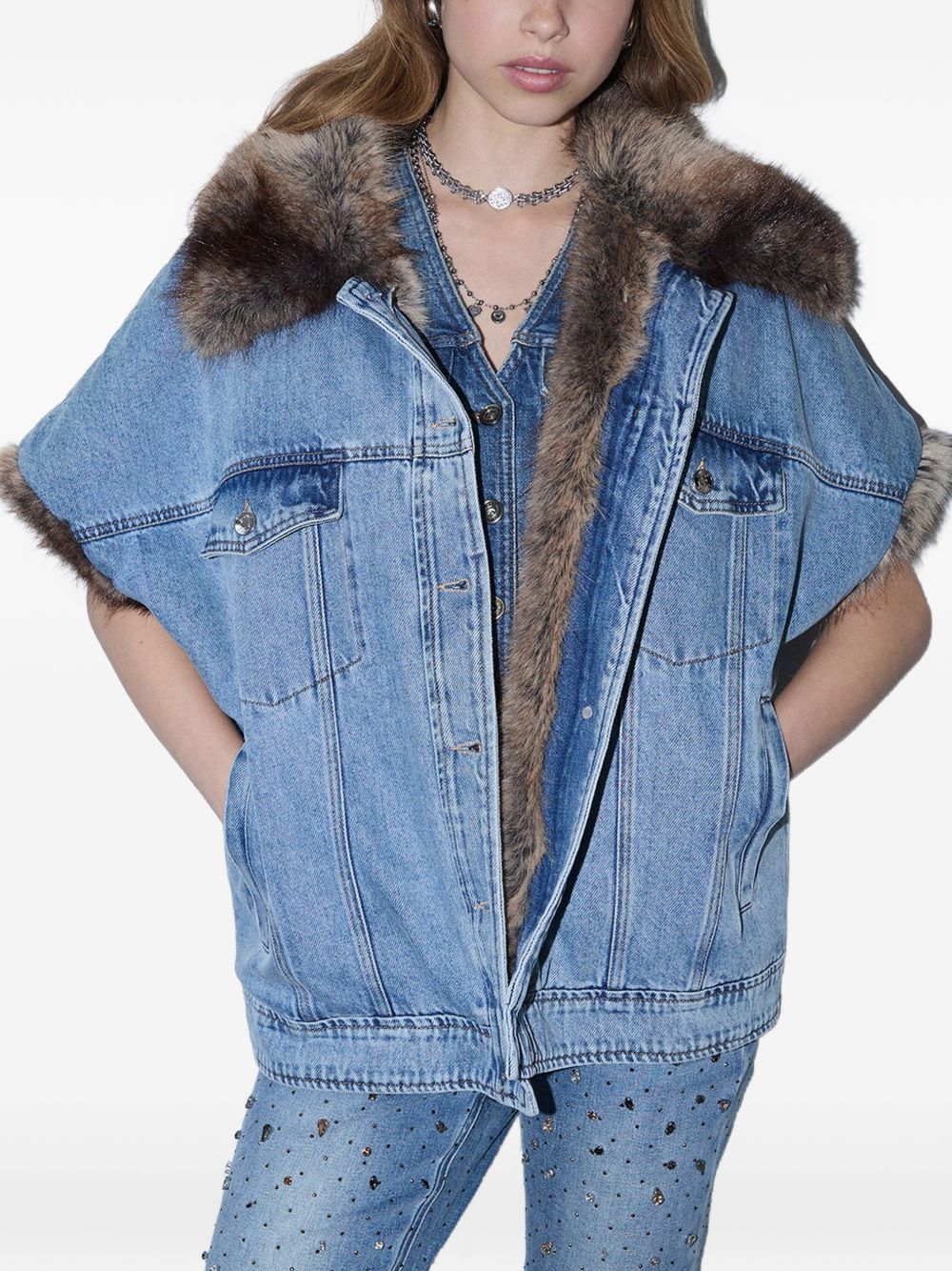 LIUJO Gilet in denim foderato in ecopelliccia