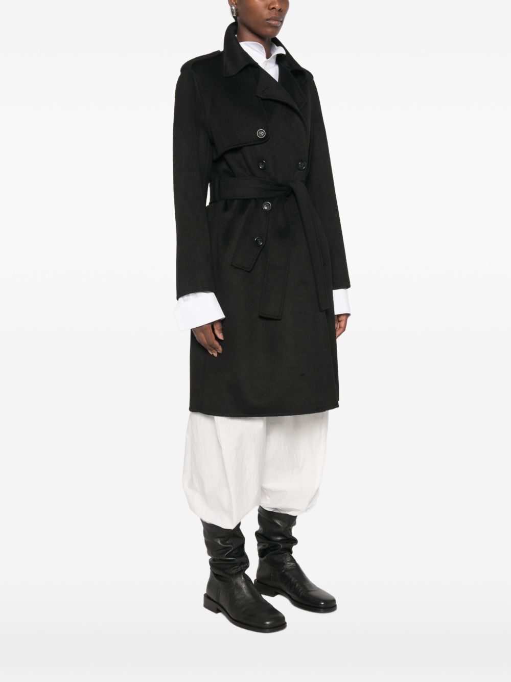 LIUJO Cappotto lungo nero in lana con cintura in vita