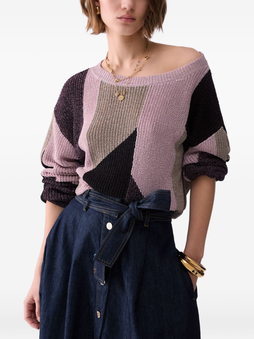 LIUJO Maglia con scollo a barca e texture geometrica marrone, rosa e beige