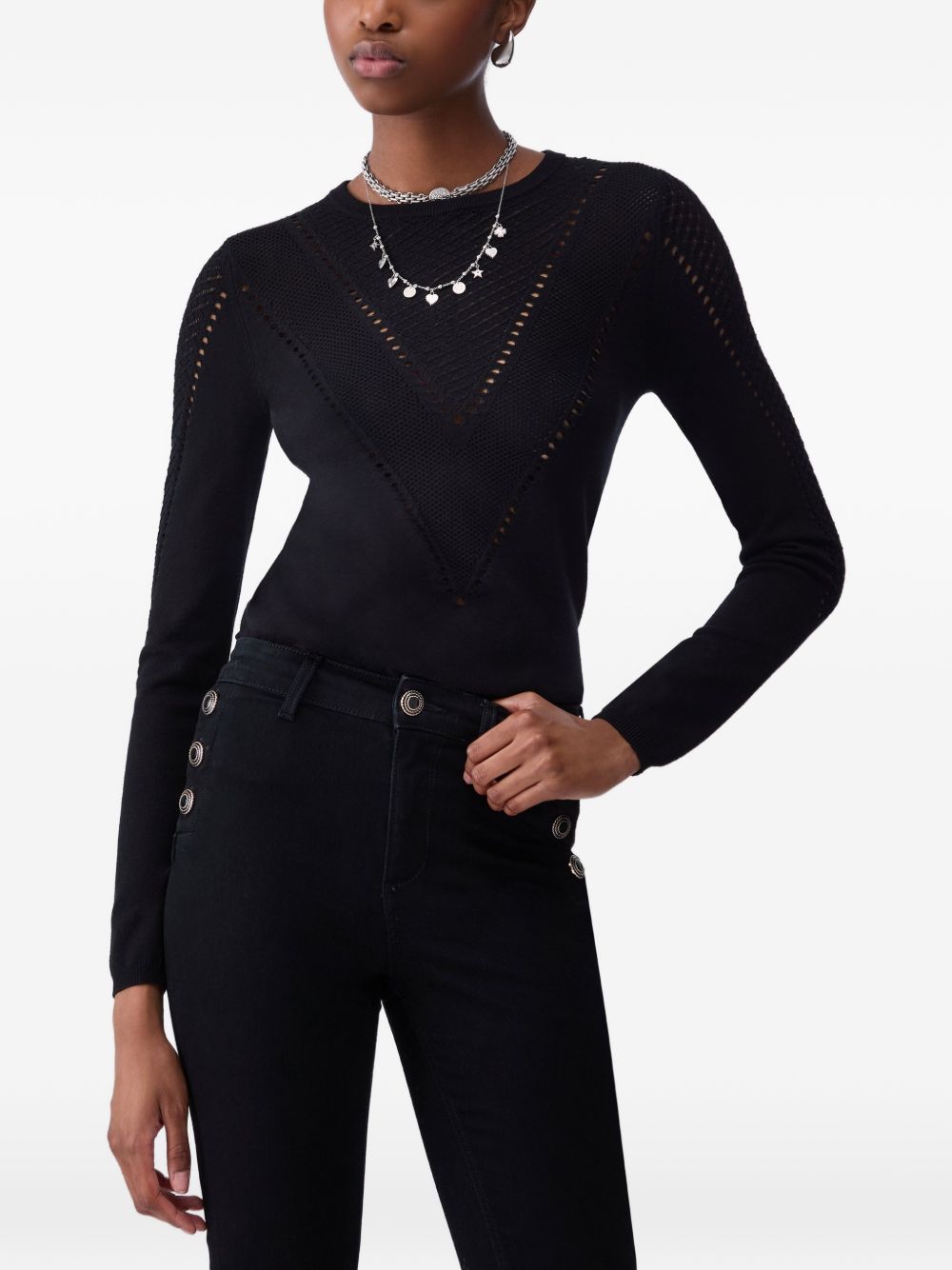 LIUJO Maglia nera girocollo effetto crochet