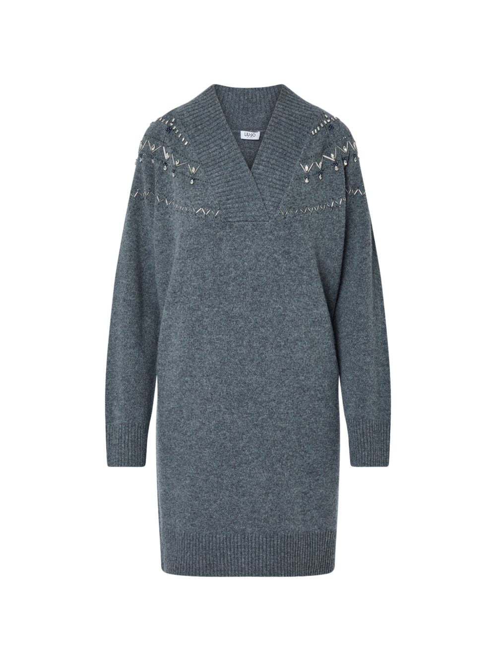 LIUJO Abito corto in maglia di lana grigio con strass e scollo a V