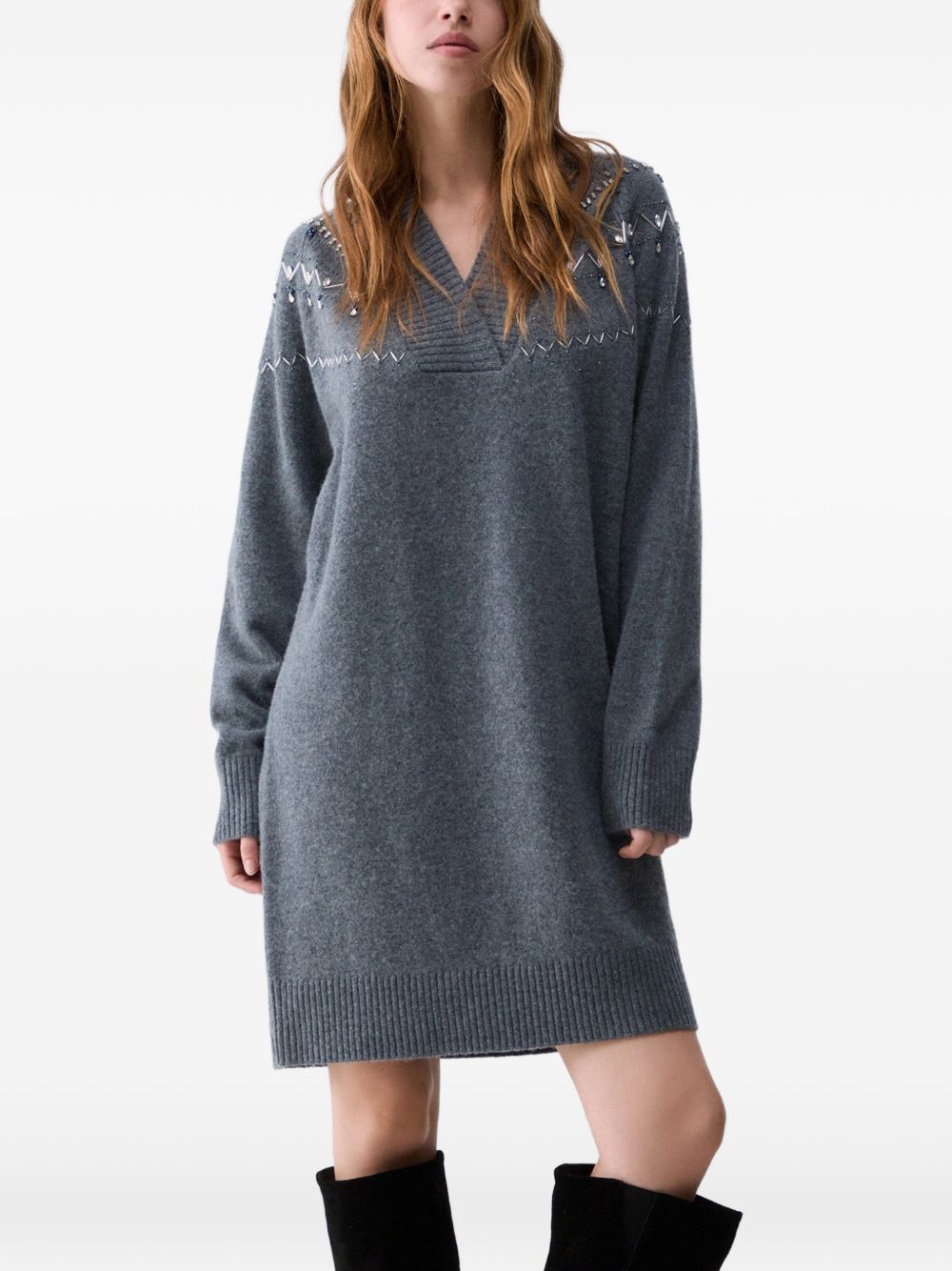 LIUJO Abito corto in maglia di lana grigio con strass e scollo a V