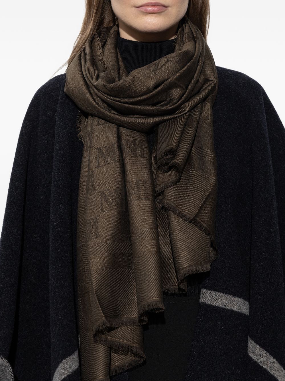 MAX MARA Sciarpa marrone in lana e seta con logo all-over