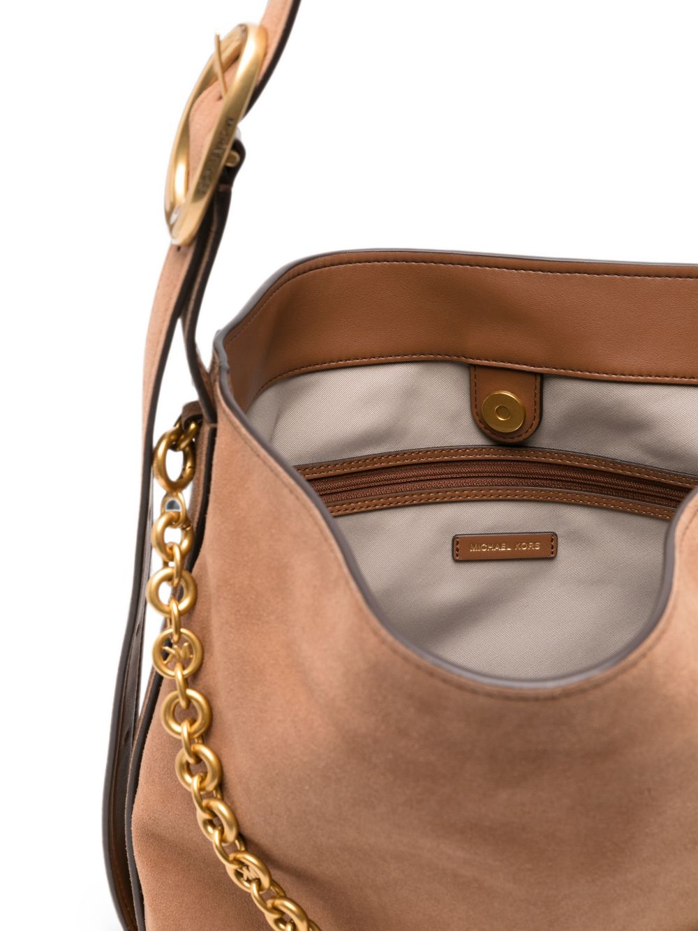 MICHAEL KORS Borsa bucket in pelle scamosciata marrone con catena dorata