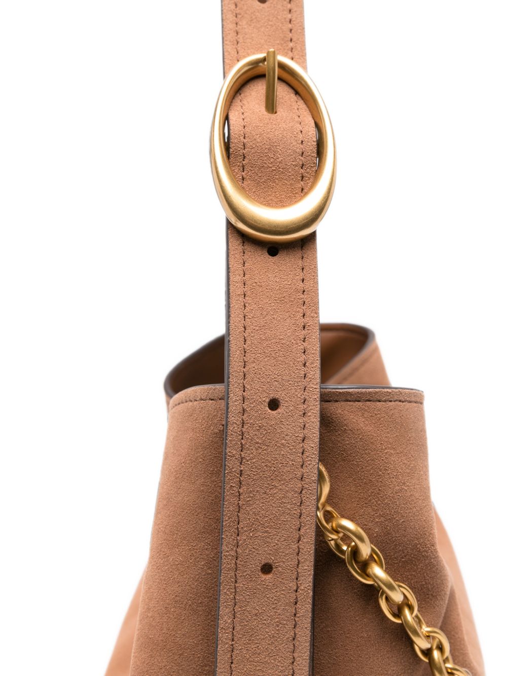 MICHAEL KORS Borsa bucket in pelle scamosciata marrone con catena dorata