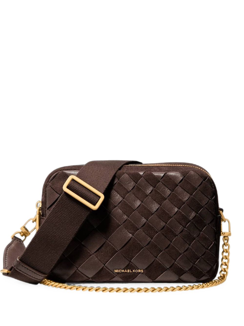 MICHAEL KORS Borsa a tracolla in pelle marrone intrecciata con catenina dorata