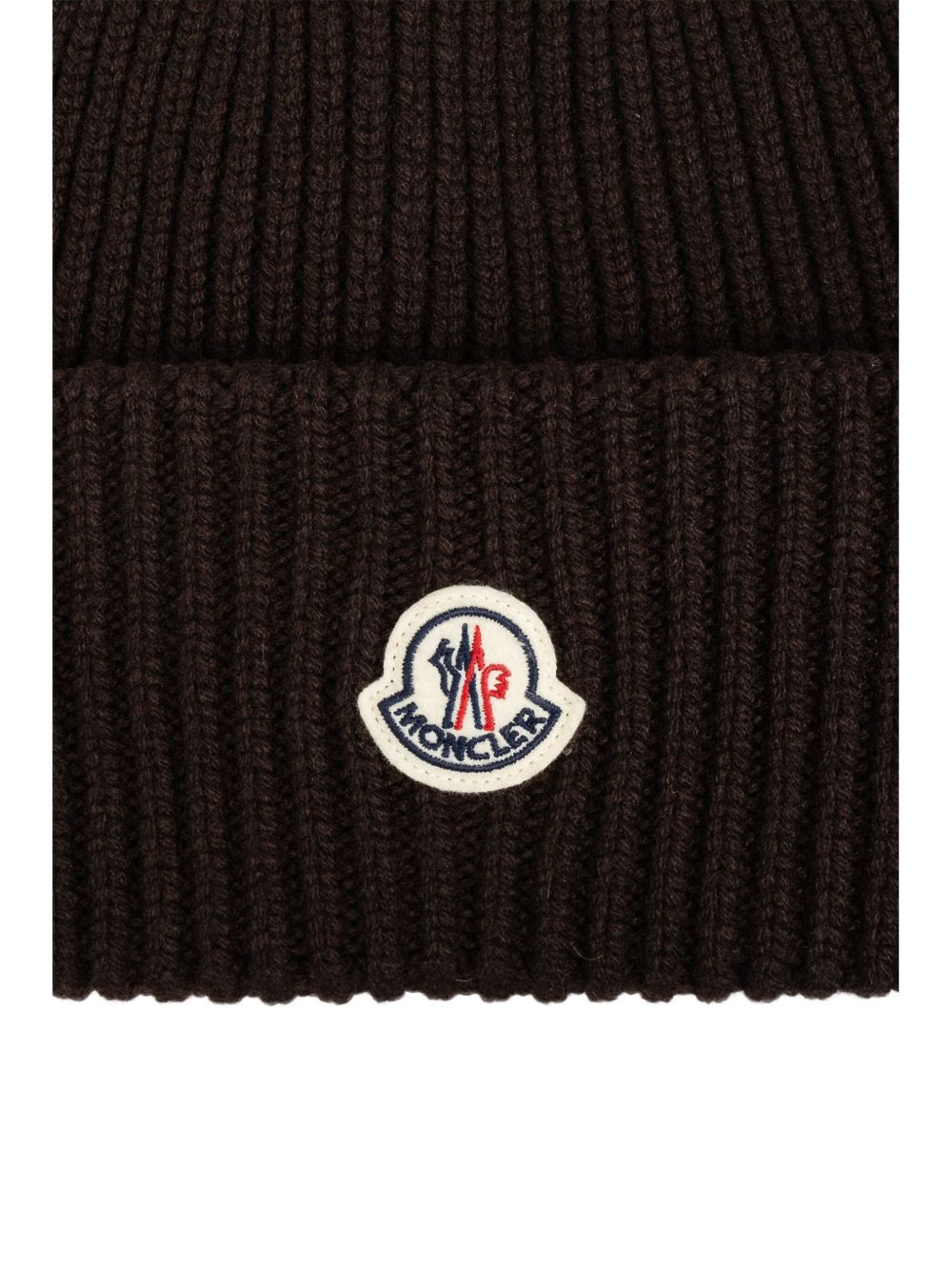 MONCLER Berretto marrone scuro in lana a coste con logo