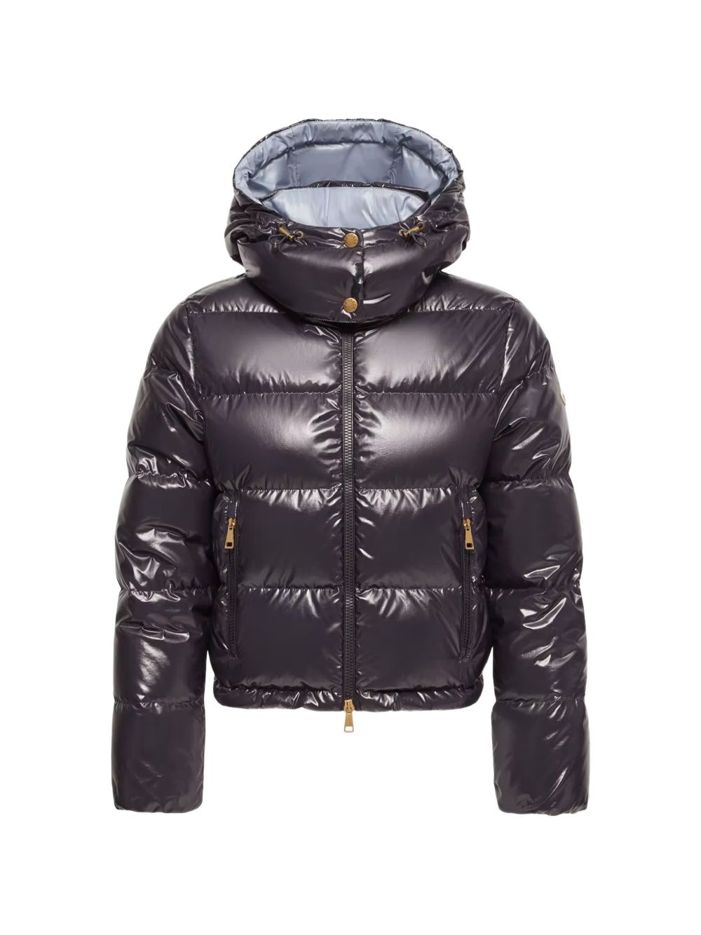 MONCLER Piumino corto lucido blu notte con cappuccio
