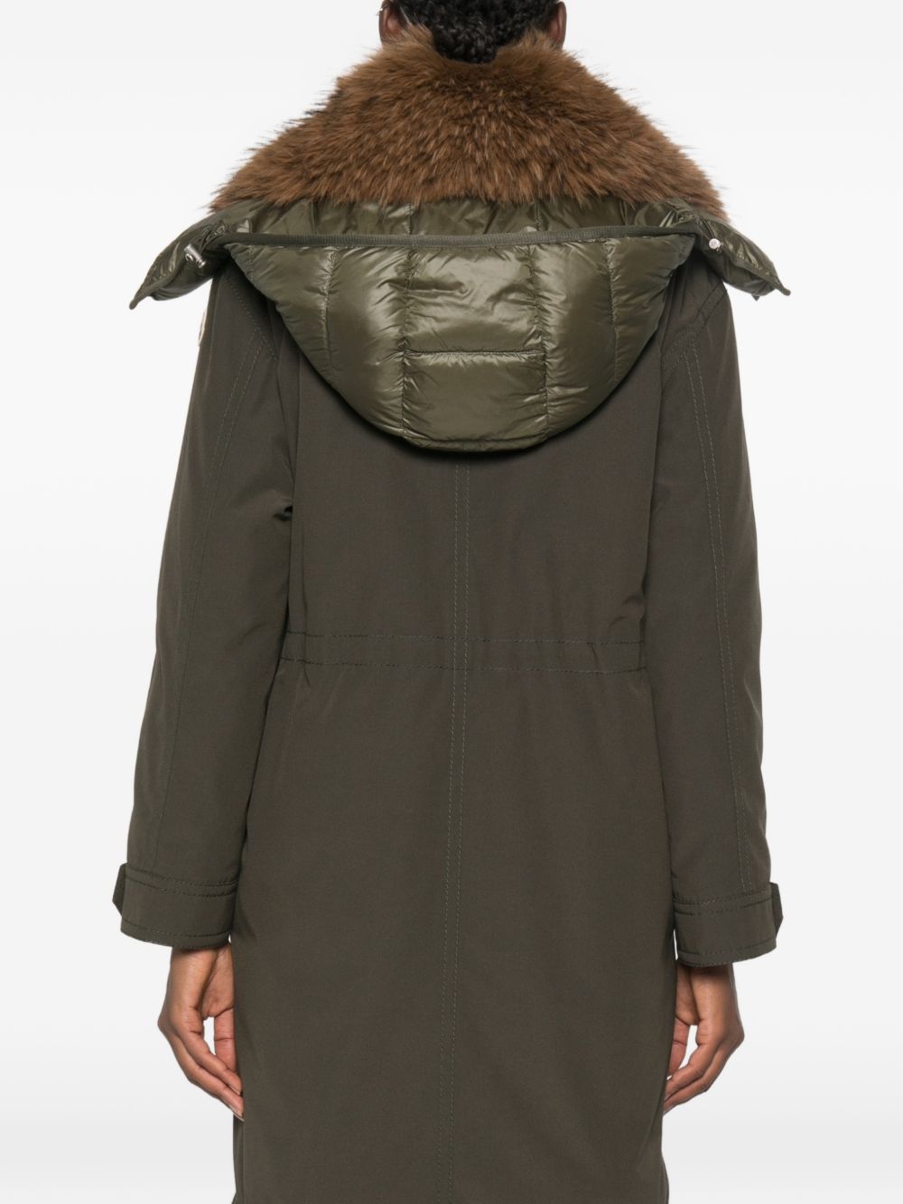 MONCLER Green long down jacket with fur-trimmed hood