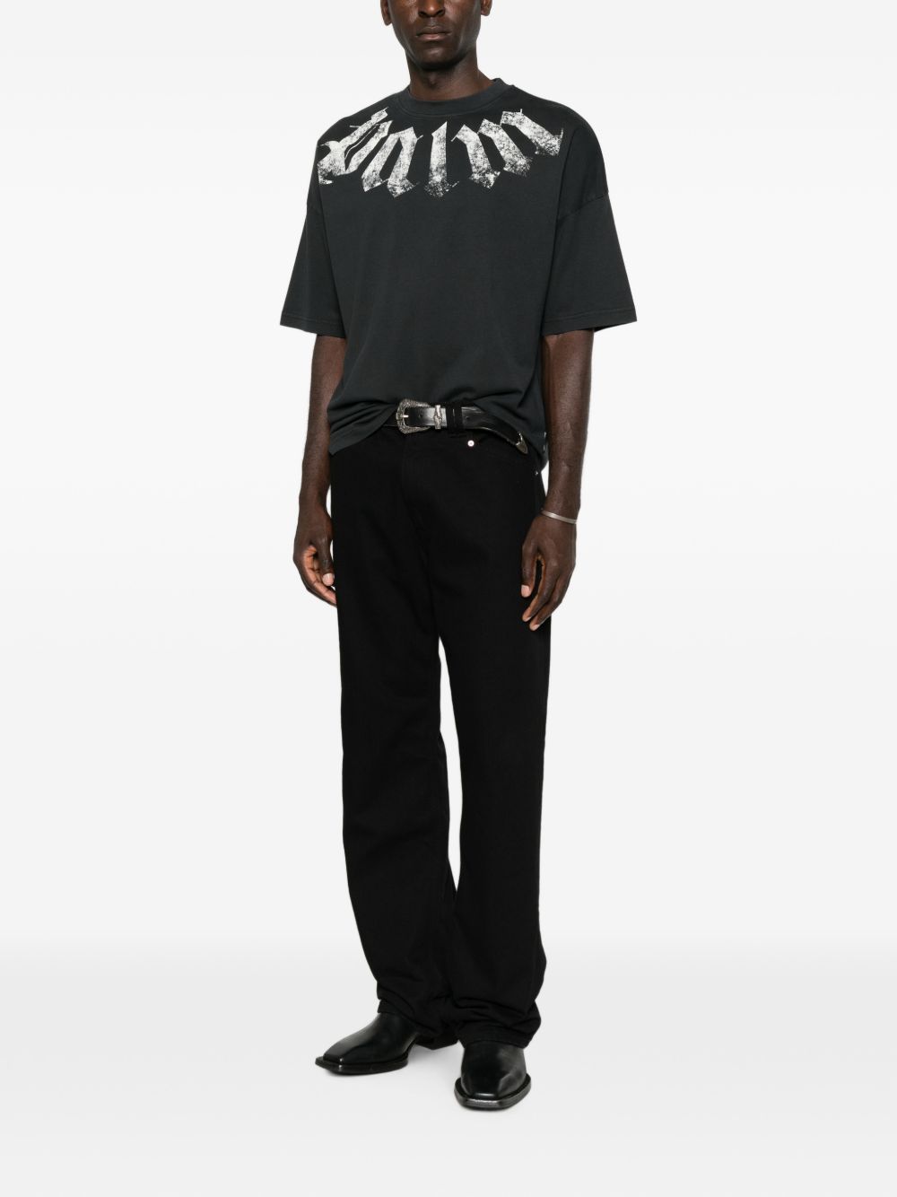 PALM ANGELS T-shirt nera a maniche over 3/4 con stampa bianca
