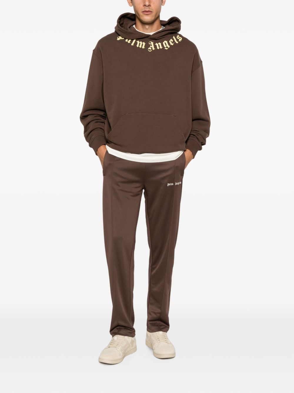 PALM ANGELS Felpa marrone con cappuccio in cotone con logo tipografico