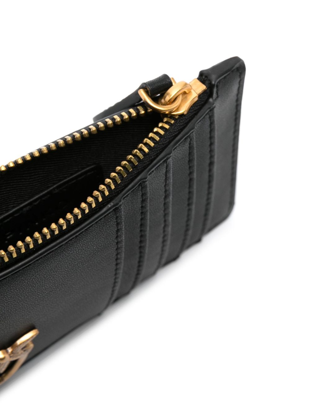 PINKO Portacarte Airone in pelle nera con placca logo dorata