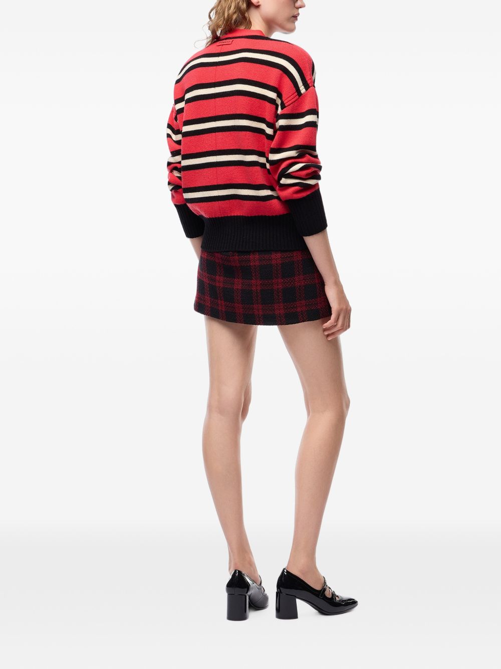 PINKO Cardigan in lana Vienna a righe rosse, nere e bianche con scollo a V